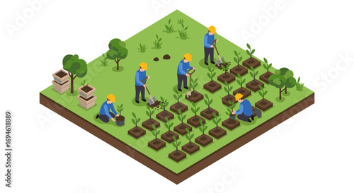 Isometric garden farming: workers planting seedlings in an organized green landscape