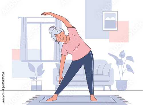 Senior Woman Stretching at Home, Fitness and Flexibility