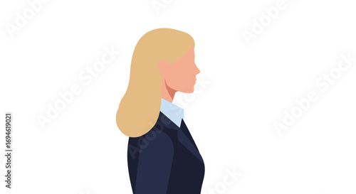 Business woman in profile wearing blue shirt and dark suit on white background