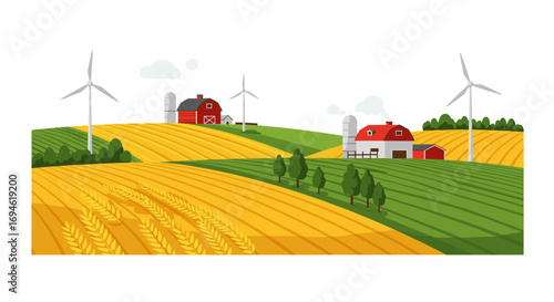 Picturesque rural landscape with farmhouses and wind turbines