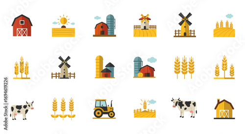 Flat farm icons set featuring barns, windmills, and agricultural elements