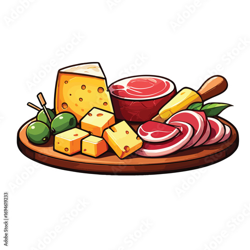 hand drawn vector illustration of charcuterie board with cheese, appetizer, ham, olives, restaurant, tapas, spanish food vector on white background