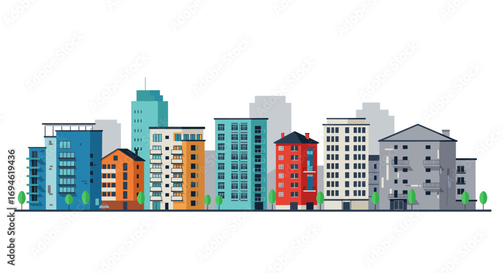 Fototapeta premium Colorful urban skyline with modern buildings and trees