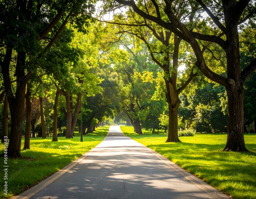 Obraz premium Sunlight-drenched park path lined with trees