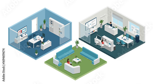 Modern isometric office interiors with workspace and lounge areas