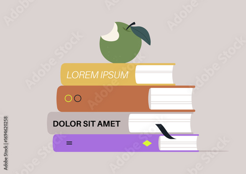 Vibrantly colored book stack rises elegantly, topped with a partially eaten green apple, evoking curiosity and the joy of reading in a minimalistic environment