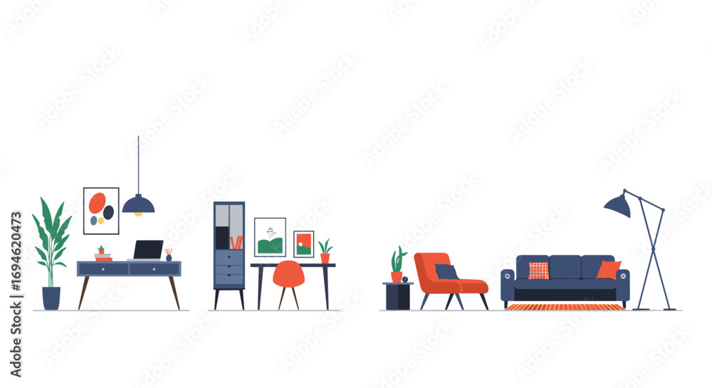 Fototapeta premium Modern minimalist living room and office setup with mid-century furniture
