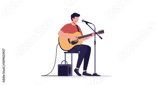 Man playing acoustic guitar on stage with microphone in minimal flat design