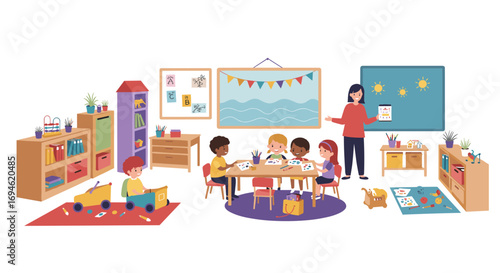 Colorful classroom scene with children engaged in fun learning activities