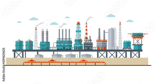Industrial factory skyline with modern pipelines and smokestacks