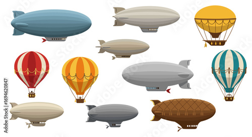 Vintage airships and hot air balloons collection in flat style