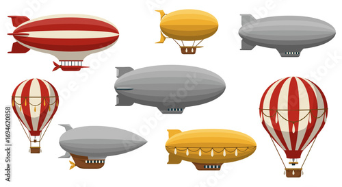 Vintage airship and hot air balloon collection with retro designs