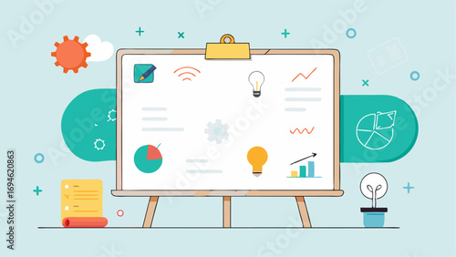 A large whiteboard with brainstorming and design ideas scribbled all over it.