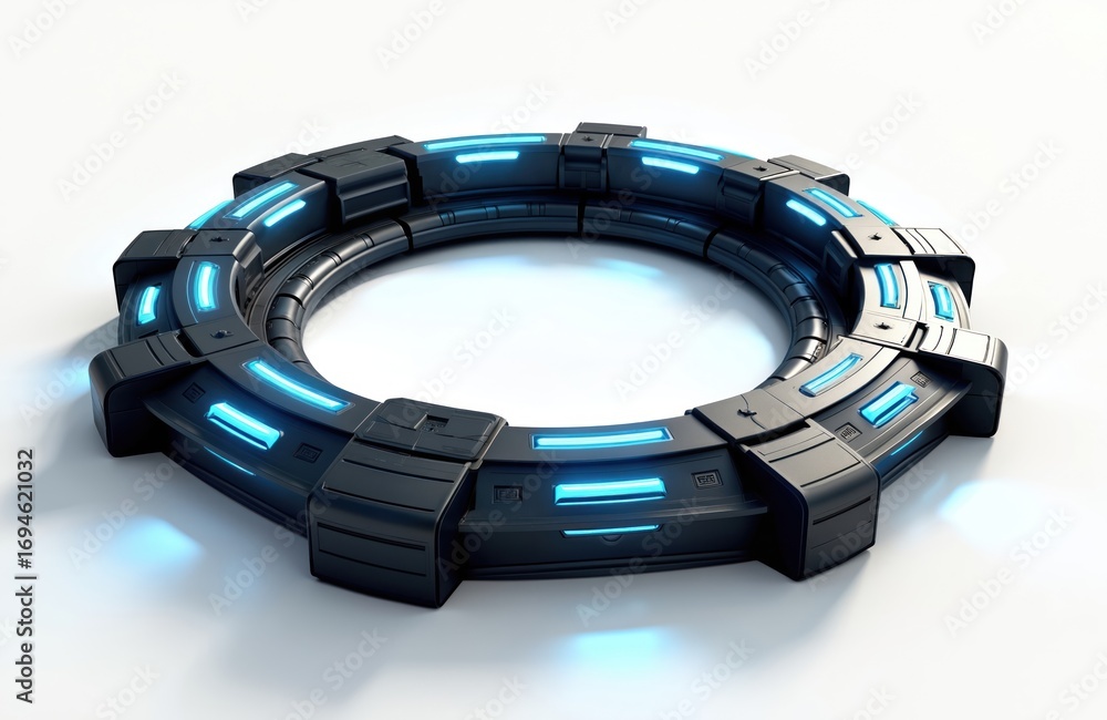 Naklejka premium Futuristic circular spaceship cockpit detail with blue glowing elements. High-tech, three-dimensional design featuring spacecraft advanced technology. Ideal for space exploration, sci-fi concepts,