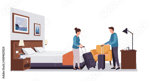 Couple arriving in hotel room with luggage in modern style