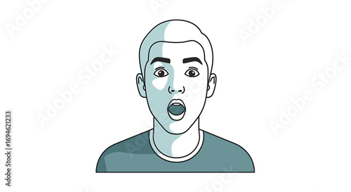Minimalist vector illustration of a young man's face with a shocked and amazed expression, mouth open in awe and surprise