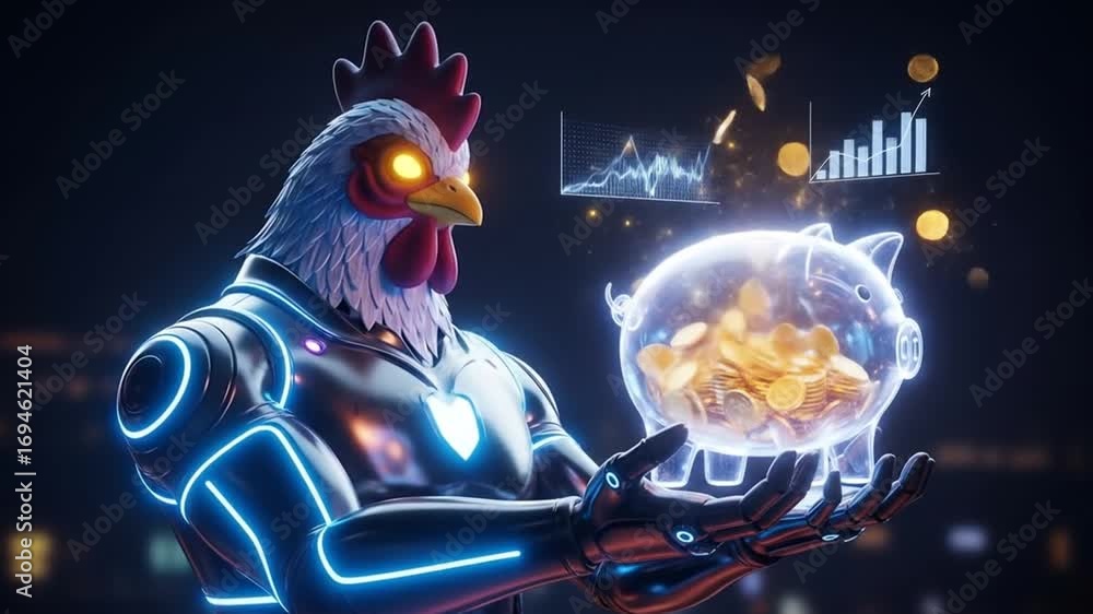 Futuristic robotic rooster holding glowing piggy bank with crypto coins and charts.