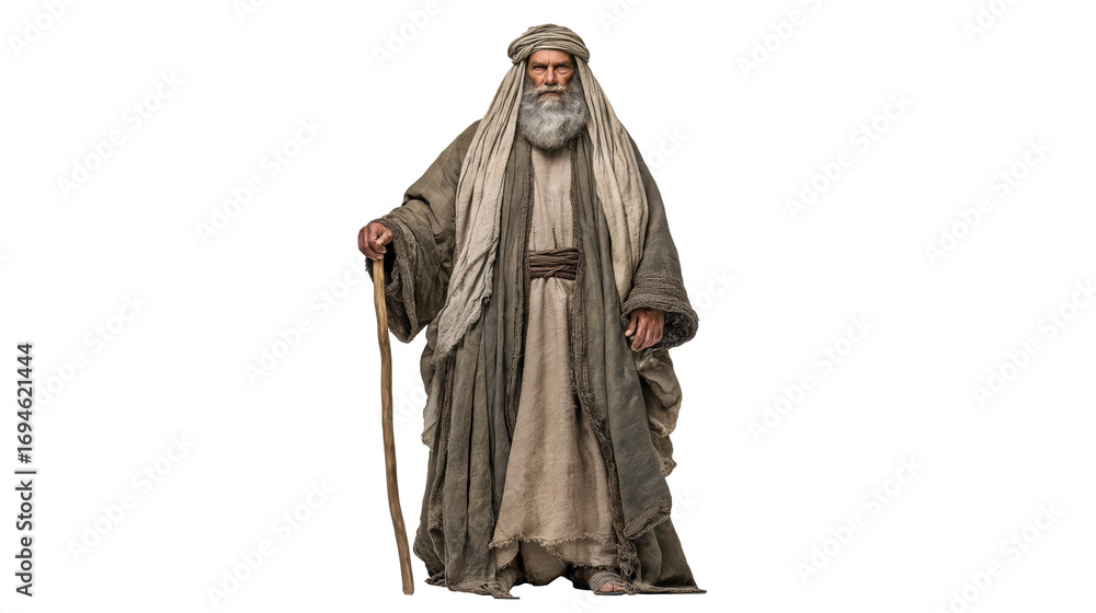 Naklejka premium Noah full body on transparent background, biblical character portrait in ancient robe with staff, isolated PNG figure for Christian themes.