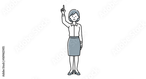 Professional businesswoman pointing her index finger upwards, indicating a key point, idea, or goal. Full-body vector illustration of a mature woman in office attire on a white background