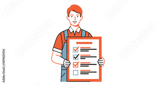 A friendly technician in overalls holds a completed checklist, a visual metaphor for quality service and task finalization