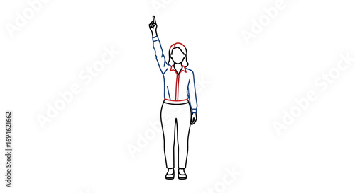 Simple line art of a woman raising her hand and pointing one finger up, isolated on a white background. Vector for concepts of direction, signal, or number one