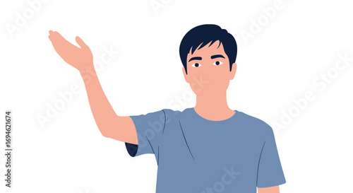 Vector illustration of a casual young man gesturing with an open hand, as if presenting, explaining, or welcoming an idea or concept