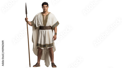 King Saul full body on transparent background, tall biblical man in royal robe holding spear, isolated Old Testament figure PNG for Christian and historical themes.