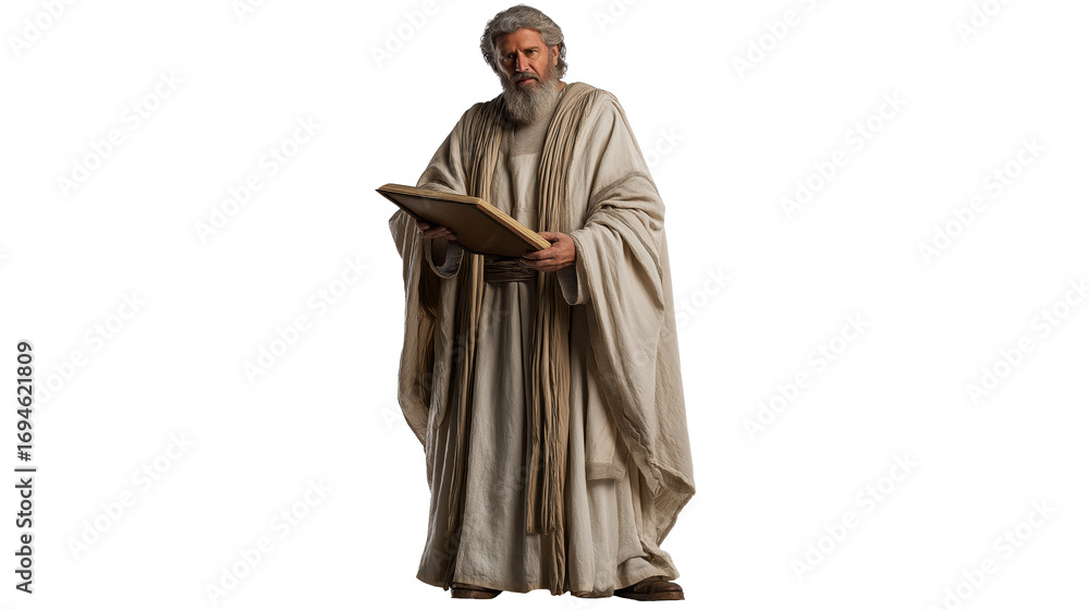Fototapeta premium Zechariah full body on transparent background, Old Testament prophet in priestly robe, biblical figure PNG isolated for Christian faith and scripture themes.