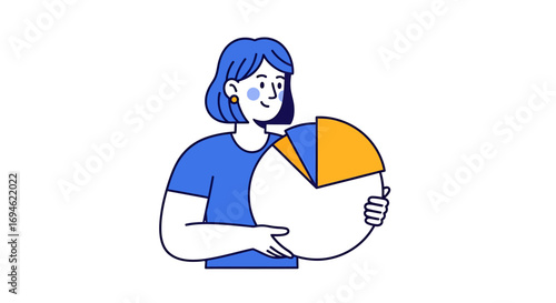 Modern flat vector illustration of a professional woman holding a pie chart, representing data analysis, statistics, and business presentation on a white background