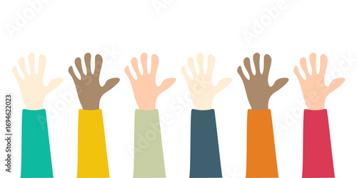 Voting concept in flat style -Vote paper, democracy concept. Hands up. Freedom of speech, fairness of choice and opinion.