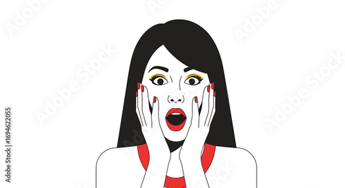 Young woman with wide eyes and open mouth showing a look of surprise or shock against a white background
