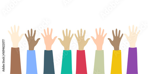 Voting concept in flat style -Vote paper, democracy concept. Hands up. Freedom of speech, fairness of choice and opinion.