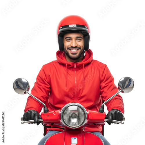Smiling delivery man in red helmet riding scooter with black background shot studio