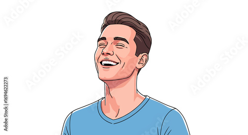 A vibrant cartoon illustration capturing the pure joy and heartfelt laughter of a young man experiencing a moment of genuine happiness and positive emotion