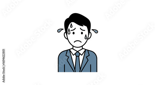 Anxious young businessman in a suit sweating from stress, illustrating concepts of pressure, fear, and workplace anxiety