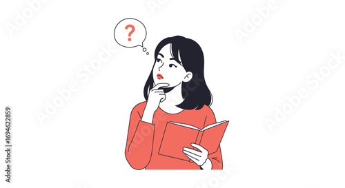 Young woman pondering a question while holding an open book, depicting contemplation and learning, with a question mark above her head, representing curiosity and thought
