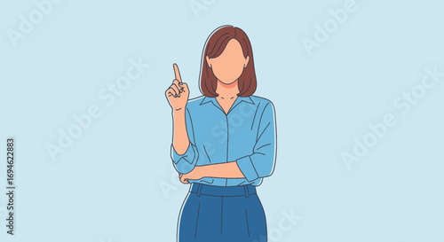 Woman pointing with index finger up, conveying a message or idea against a light blue background, representing a moment of realization or important information