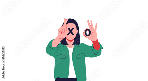 Vector illustration of a woman showing creative X and O hand gestures symbolizing a game of choices or love