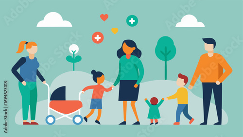 FamilyFriendly Zones An area with familyfriendly features showing parents with children including those with strollers enjoying interactive activities.