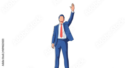 Professional man in a blue suit and red tie standing with an arm raised, signaling a greeting, a call to attention, or a moment of triumph, isolated on white