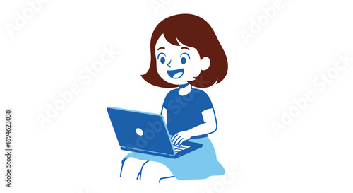Happy young girl smiling while using a laptop computer for online education and e-learning, isolated cartoon character