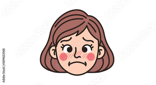 Vector illustration of a young woman's face with a shy and embarrassed expression. Cute cartoon female character blushing with anxiety