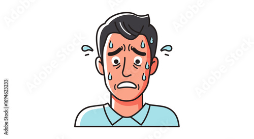 Vector illustration of a stressed and anxious man sweating profusely from fear, showing a panicked and nervous facial expression on a white background