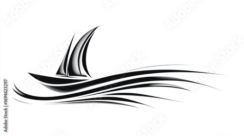 Stylized silhouette of a sailing vessel on stylized water waves