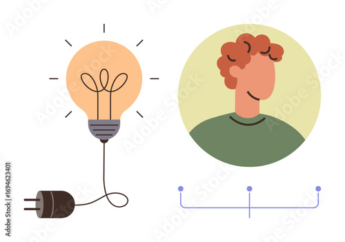 Lightbulb connected to a plug symbolizing ideas and energy, alongside a person icon, portrayed with creative simplicity. Ideal for innovation, brainstorming, education, collaboration, imagination