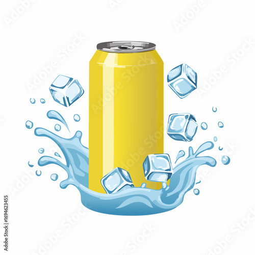 Yellow aluminum can, dynamic water splashes and ice cubes. 