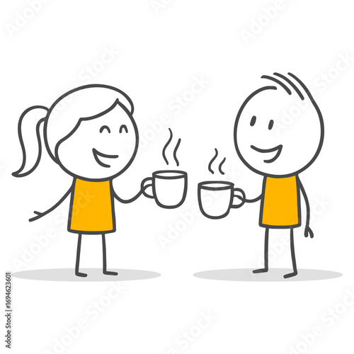 Stick figures. Illustration of two colleagues chatting during a coffee break in the office.