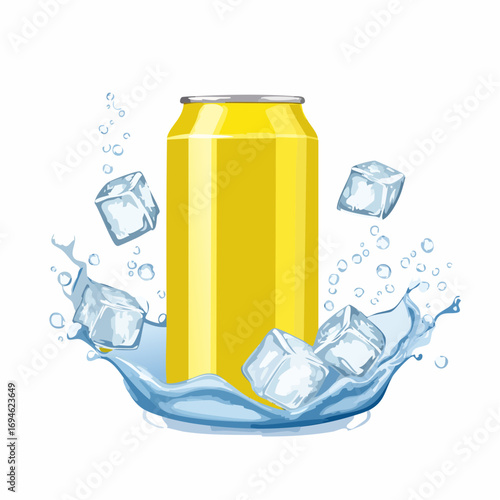 Yellow aluminum can, dynamic water splashes and ice cubes. 