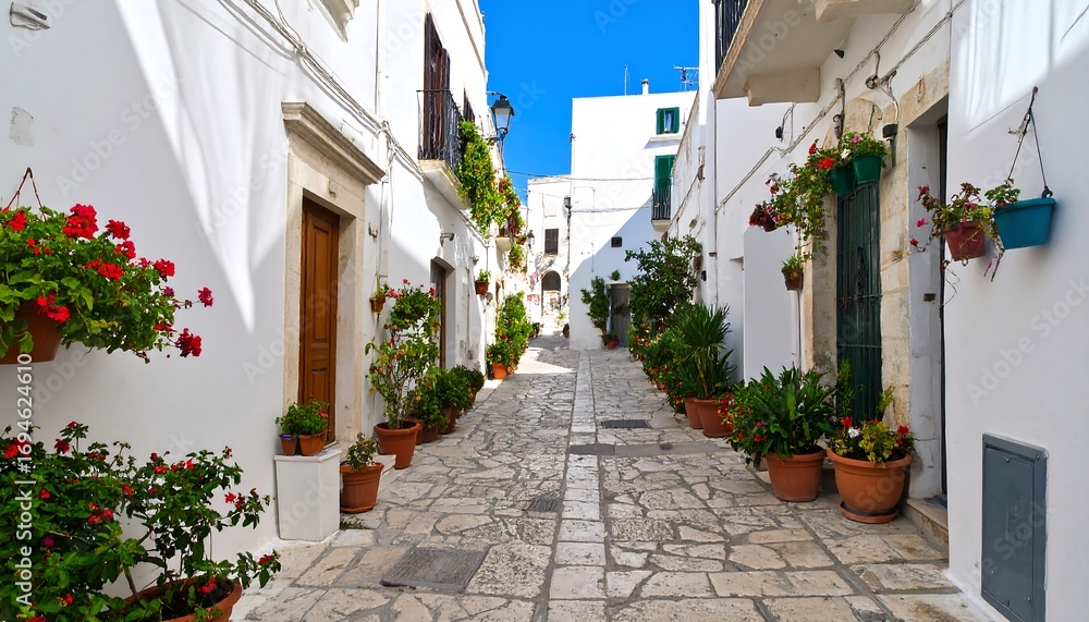 Fototapeta premium Picturesque whitewashed alleyway lined with flowers