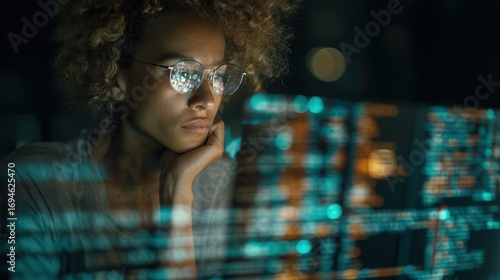 Thoughtful female IT specialist working on a computer in a dark room with screen data reflected in her glasses